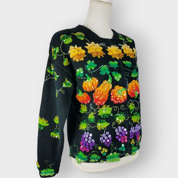 Jane's Closet Fruit Cardigan Beaded Sequins Grapes Pumpkins Cotton Ramie Size M - Picture 9 of 9